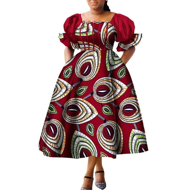 Dashiki Puff Short Sleeve African Midi Dress