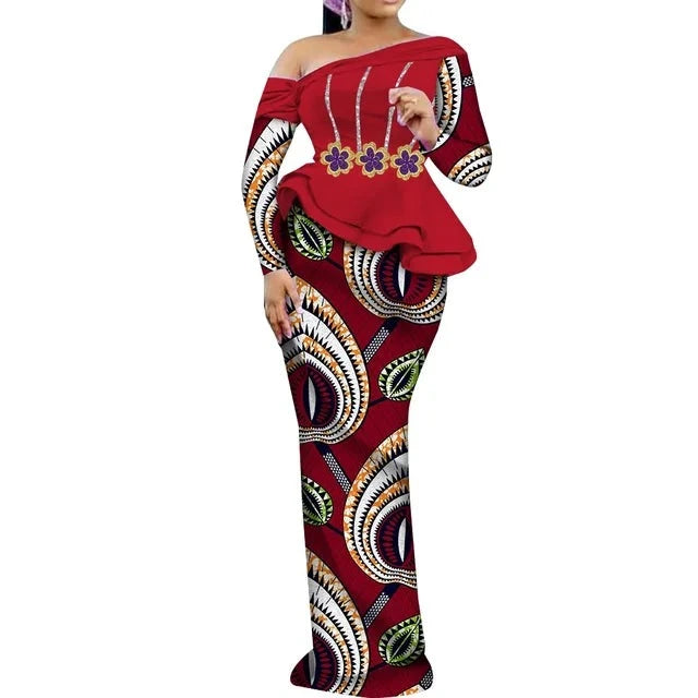 One Shoulder Long Sleeve Dashiki Print Peplum African Dress