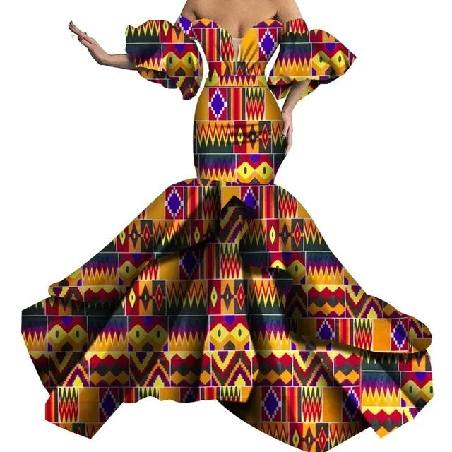 Fashionable Off Shoulder Pufff Sleeve African Bodycon Dress