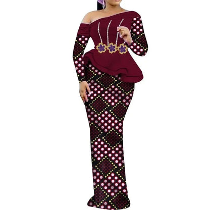 One Shoulder Long Sleeve Dashiki Print Peplum African Dress