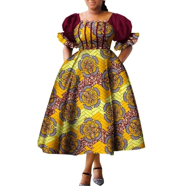 Dashiki Puff Short Sleeve African Midi Dress