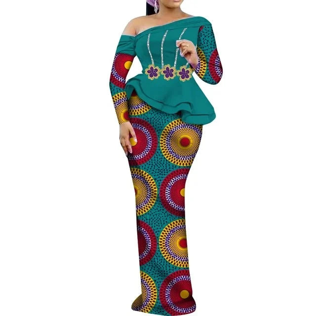 One Shoulder Long Sleeve Dashiki Print Peplum African Dress