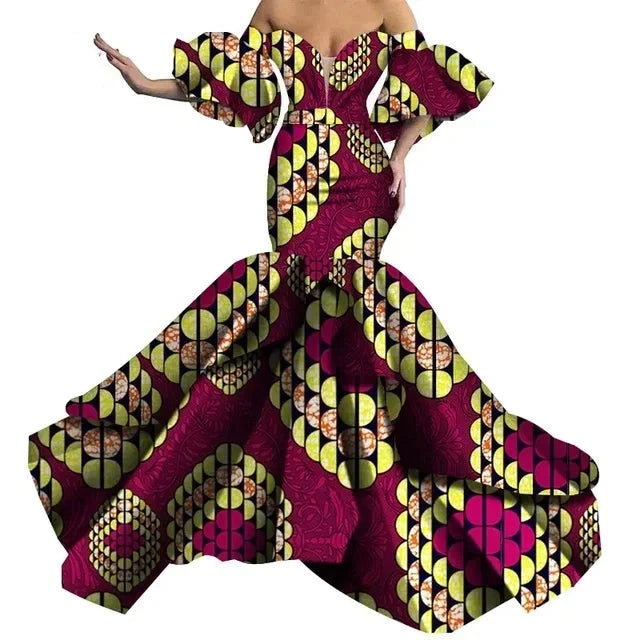 Fashionable Off Shoulder Pufff Sleeve African Bodycon Dress