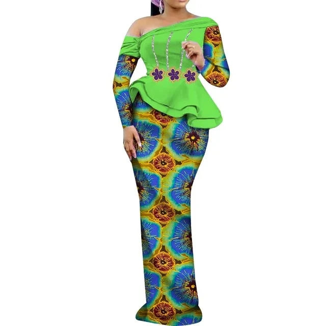 One Shoulder Long Sleeve Dashiki Print Peplum African Dress