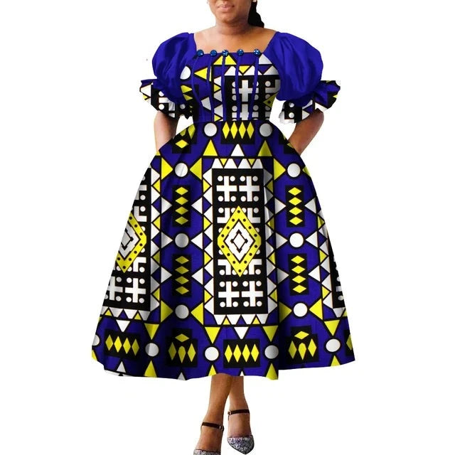 Dashiki Puff Short Sleeve African Midi Dress