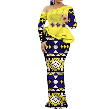 One Shoulder Long Sleeve Dashiki Print Peplum African Dress