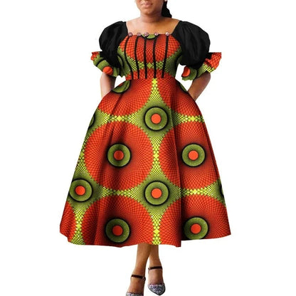 Dashiki Puff Short Sleeve African Midi Dress