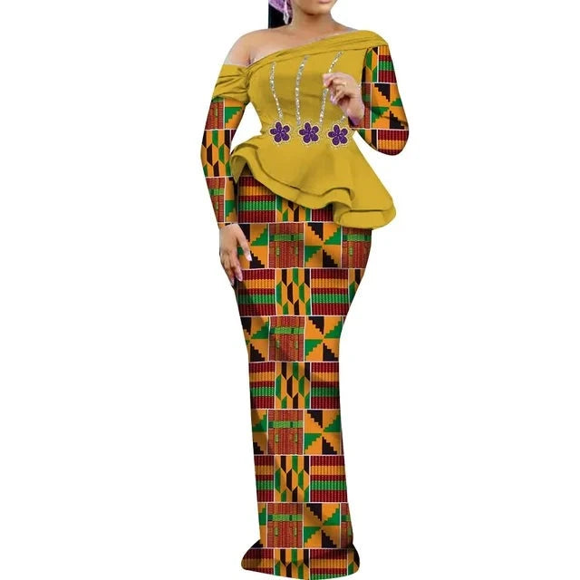 One Shoulder Long Sleeve Dashiki Print Peplum African Dress