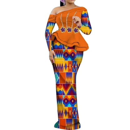 One Shoulder Long Sleeve Dashiki Print Peplum African Dress