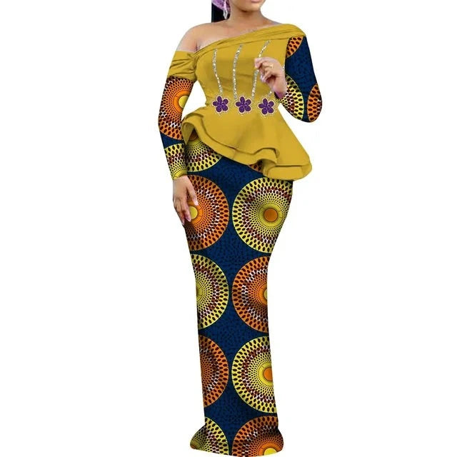 One Shoulder Long Sleeve Dashiki Print Peplum African Dress