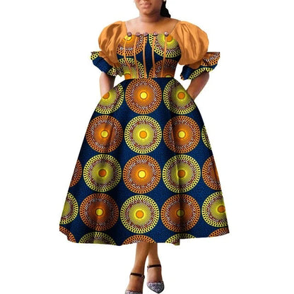 Dashiki Puff Short Sleeve African Midi Dress