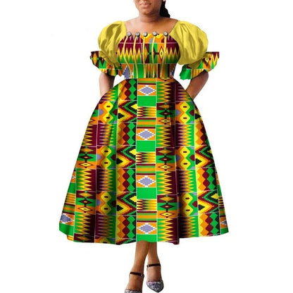 Dashiki Puff Short Sleeve African Midi Dress