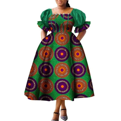 Dashiki Puff Short Sleeve African Midi Dress