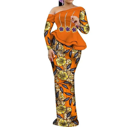 One Shoulder Long Sleeve Dashiki Print Peplum African Dress