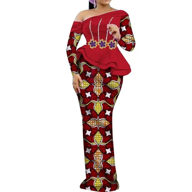 One Shoulder Long Sleeve Dashiki Print Peplum African Dress