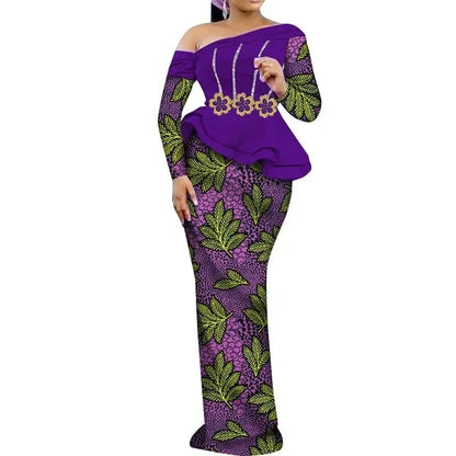 One Shoulder Long Sleeve Dashiki Print Peplum African Dress