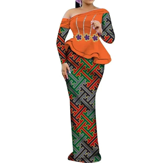 One Shoulder Long Sleeve Dashiki Print Peplum African Dress