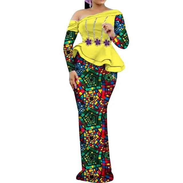 One Shoulder Long Sleeve Dashiki Print Peplum African Dress