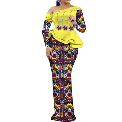 One Shoulder Long Sleeve Dashiki Print Peplum African Dress