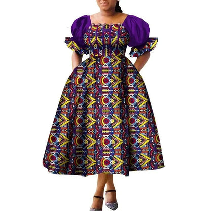 Dashiki Puff Short Sleeve African Midi Dress