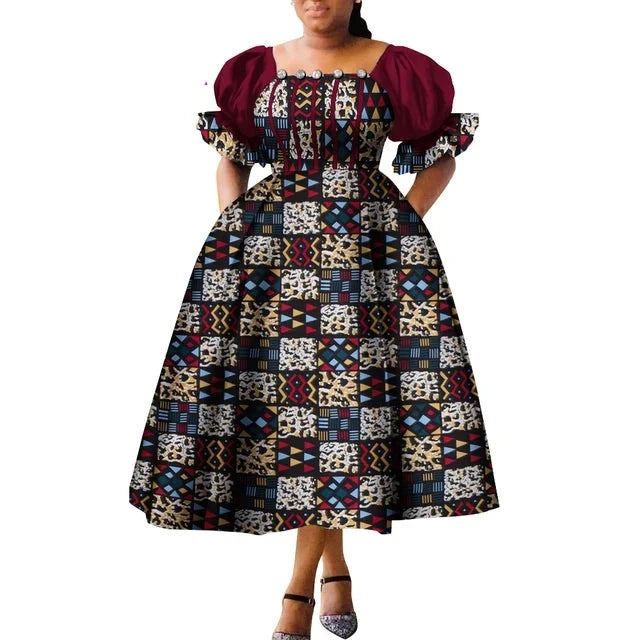 Dashiki Puff Short Sleeve African Midi Dress