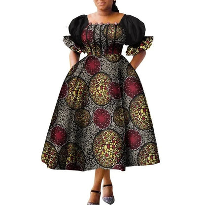 Dashiki Puff Short Sleeve African Midi Dress