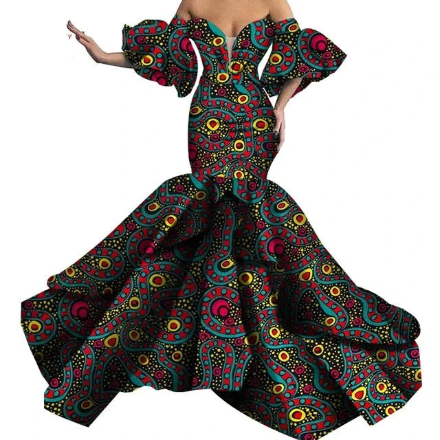 Fashionable Off Shoulder Pufff Sleeve African Bodycon Dress