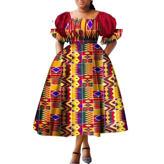 Dashiki Puff Short Sleeve African Midi Dress