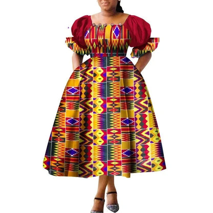 Dashiki Puff Short Sleeve African Midi Dress