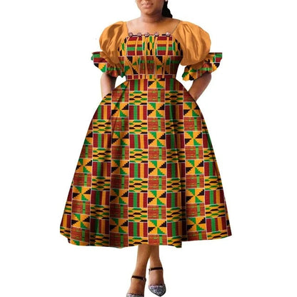 Dashiki Puff Short Sleeve African Midi Dress