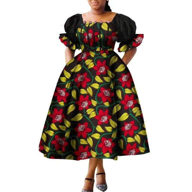 Dashiki Puff Short Sleeve African Midi Dress