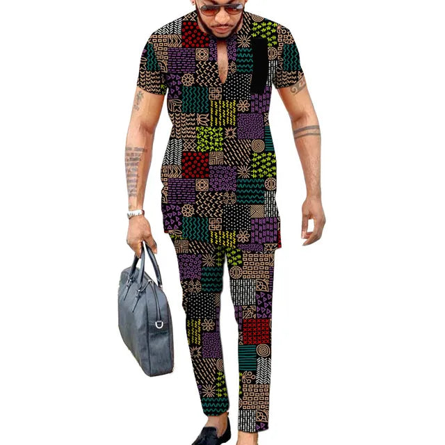 2 pcs Traditional African Dashiki Print Shirt and Pants for men