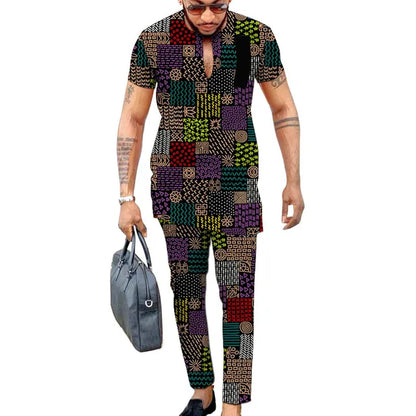 2 pcs Traditional African Dashiki Print Shirt and Pants for men