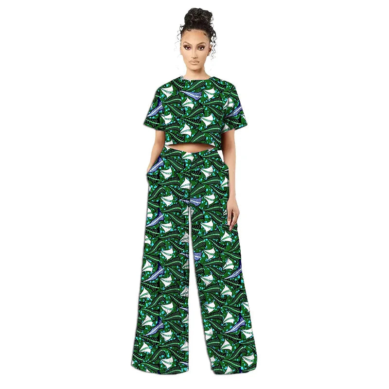 Original Design African Two Piece Set Retro Style Women Mini Top Wide Leg Pants for  Ladies' Trendy Attire Made To Measure