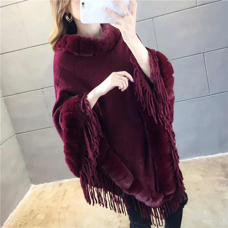 Imitation Rabbit Fur Coat Wool Collar Pullover Shawl Warmth Poncho Capes Cloak for Women