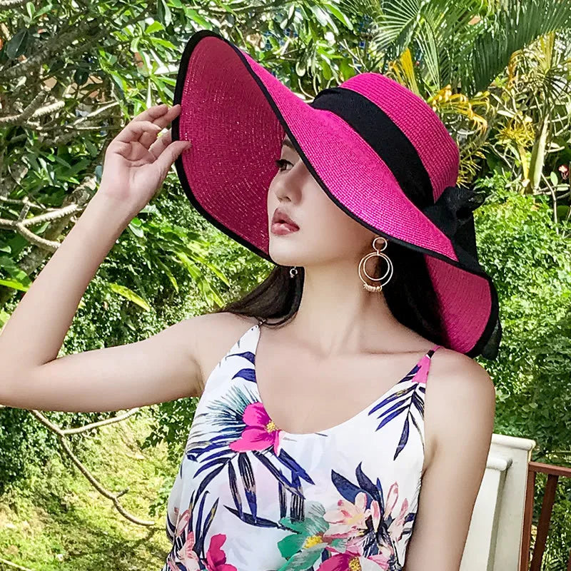 Women Summer Straw Hat For Beach Travel UV Protection Cut Bucket sun Cap Girl Sun Hat wide Brim