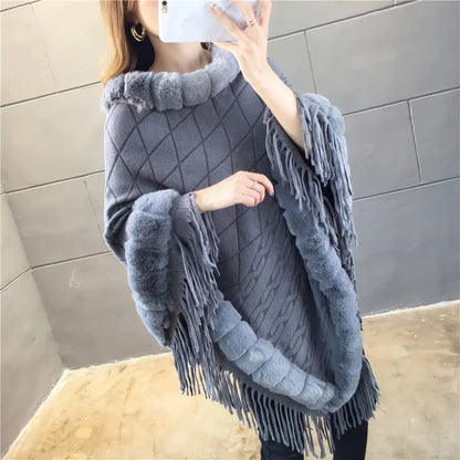 Imitation Rabbit Fur Coat Wool Collar Pullover Shawl Warmth Poncho Capes Cloak for Women