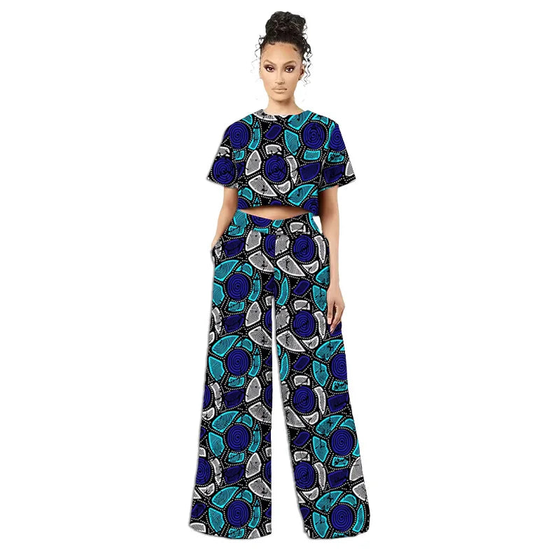 Original Design African Two Piece Set Retro Style Women Mini Top Wide Leg Pants for  Ladies' Trendy Attire Made To Measure
