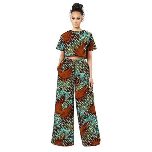 Original Design African Two Piece Set Retro Style Women Mini Top Wide Leg Pants for  Ladies' Trendy Attire Made To Measure