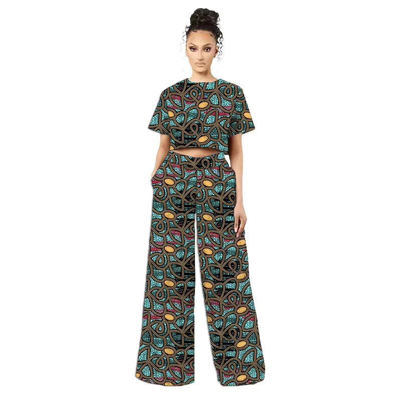 Original Design African Two Piece Set Retro Style Women Mini Top Wide Leg Pants for  Ladies' Trendy Attire Made To Measure