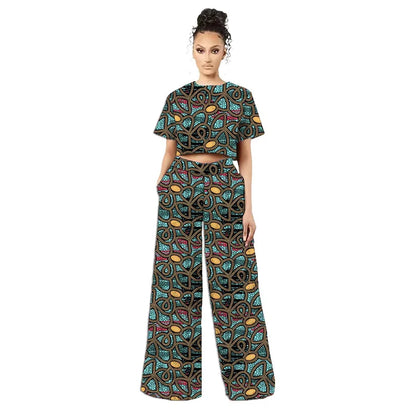 Original Design African Two Piece Set Retro Style Women Mini Top Wide Leg Pants for  Ladies' Trendy Attire Made To Measure