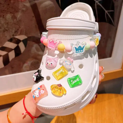 New Sanrio Kuromi LED Accessories Shoe, Charms Buckle Set Cartoon Cinnamoroll Melody Pochacco Kawaii DIY Charm Gift, 7-8Pcs/Set