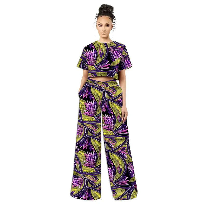Original Design African Two Piece Set Retro Style Women Mini Top Wide Leg Pants for  Ladies' Trendy Attire Made To Measure