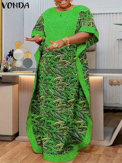 Bohemian Women Printed Maxi Sundress 2025 Summer Half Sleeve Casual Loose Long Dress Oversized Kaftan Holiday