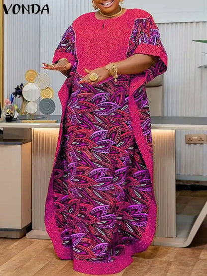 Bohemian Women Printed Maxi Sundress 2025 Summer Half Sleeve Casual Loose Long Dress Oversized Kaftan Holiday