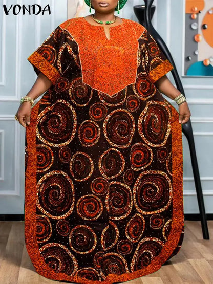 Bohemian Women Printed Maxi Sundress 2025 Summer Half Sleeve Casual Loose Long Dress Oversized Kaftan Holiday