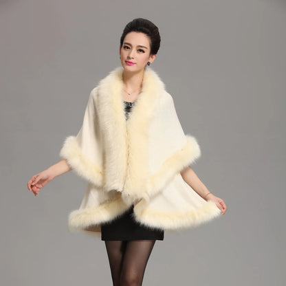 Faux Fox Fur Collar Oversize Coat Winter Warm Long Knitted Cape Cashmere Loose Shawl for Women