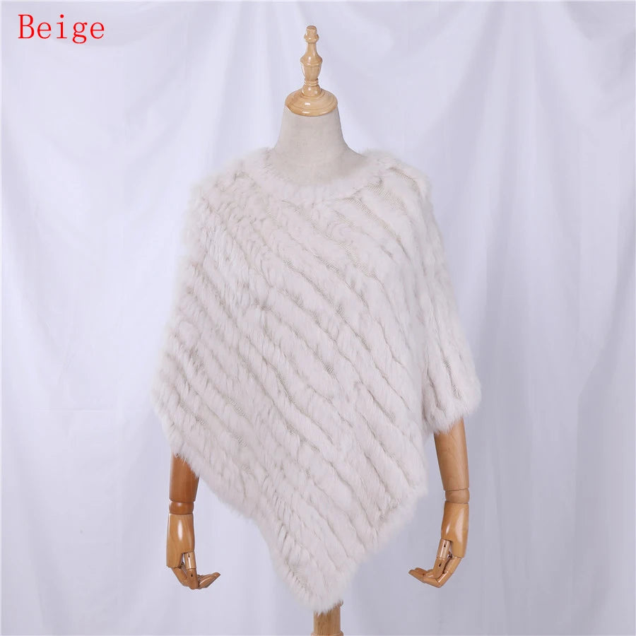 Genuine Rabbit Fur Knitted Natural Fur Poncho Fashion Wrap Coat Shawl Lady Scarf for Women