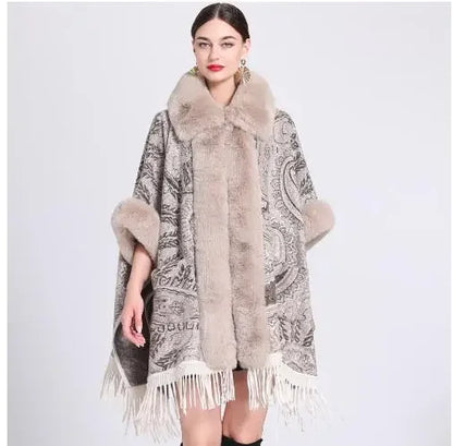 Thick Faux Fur Mantle Big Collar Loose Printed Poncho Pendulum Capes Streetwear Tassel Long Cloak Pocket Overcoat for Women