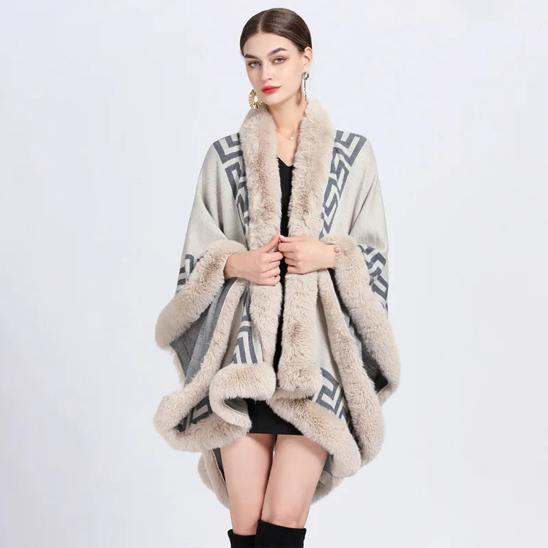 Striped Poncho Cape Cashmere Loose Shawl Cloak Women Faux Rabbit Fur Collar Big Pendulum Coat for Women